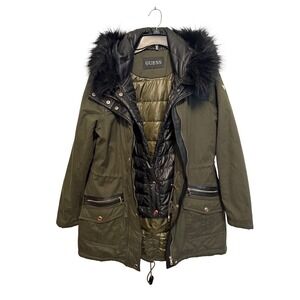GUESS Womens Olive Green Faux Fur Trim Hooded Parka Jacket Coat Large L